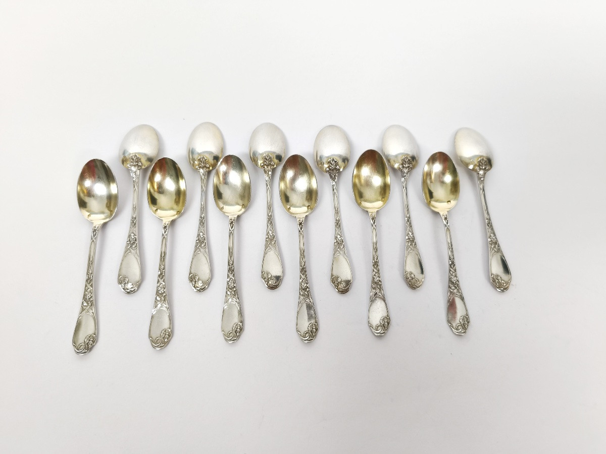 Puiforcat : 12 petites cuill&egrave;res en argent massif, d&eacute;cor Art Nouveau aux iris. C1900-photo-2