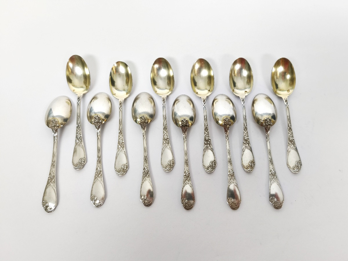 Puiforcat : 12 petites cuill&egrave;res en argent massif, d&eacute;cor Art Nouveau aux iris. C1900-photo-3