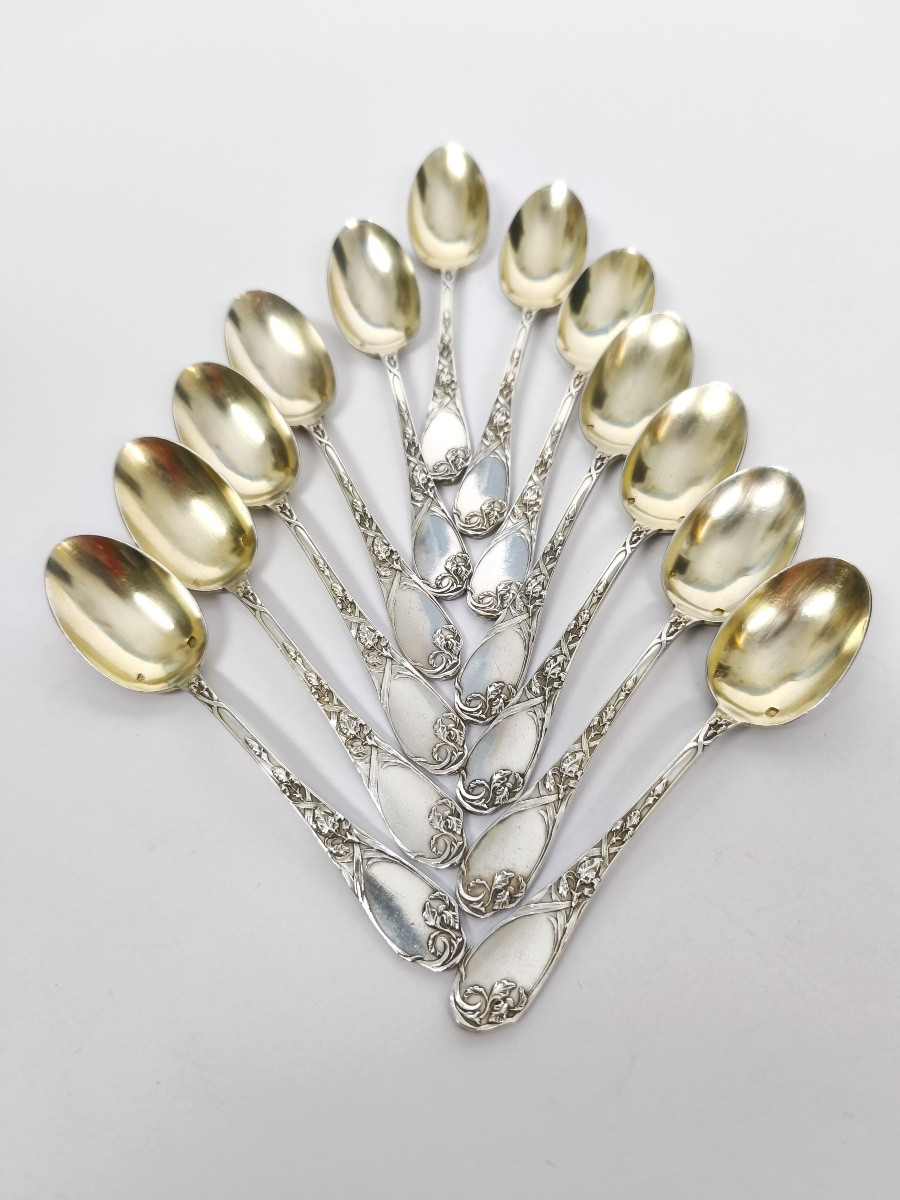 Puiforcat : 12 petites cuill&egrave;res en argent massif, d&eacute;cor Art Nouveau aux iris. C1900-photo-4