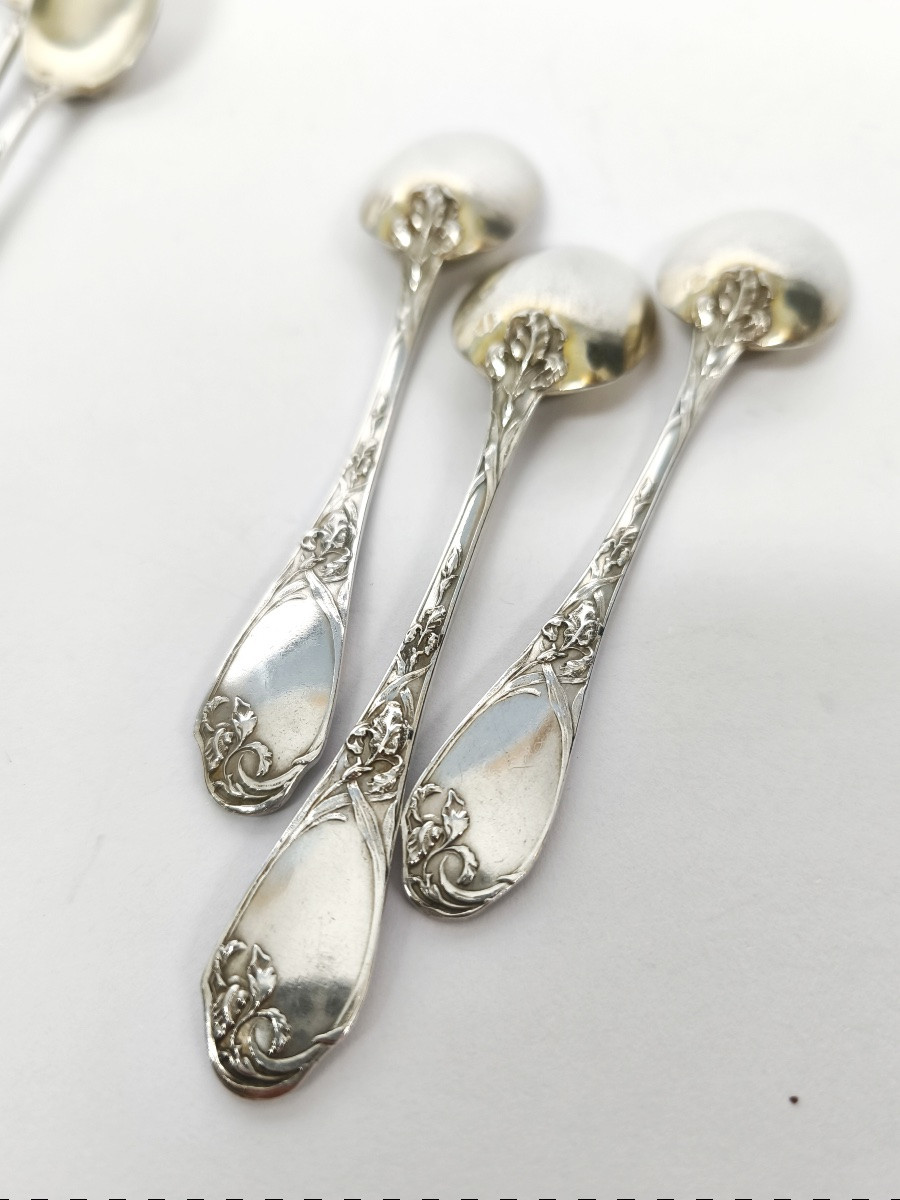 Puiforcat : 12 petites cuill&egrave;res en argent massif, d&eacute;cor Art Nouveau aux iris. C1900-photo-2