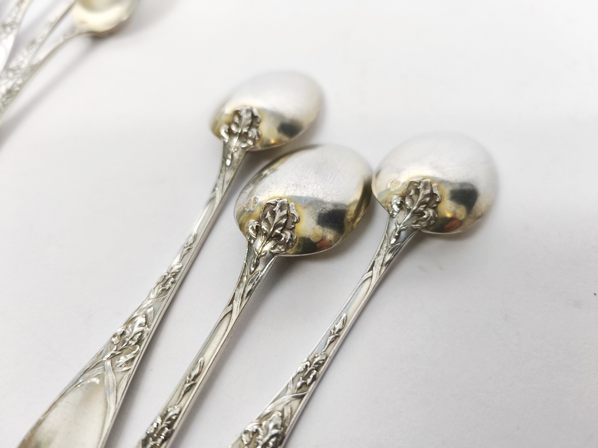 Puiforcat : 12 petites cuill&egrave;res en argent massif, d&eacute;cor Art Nouveau aux iris. C1900-photo-3