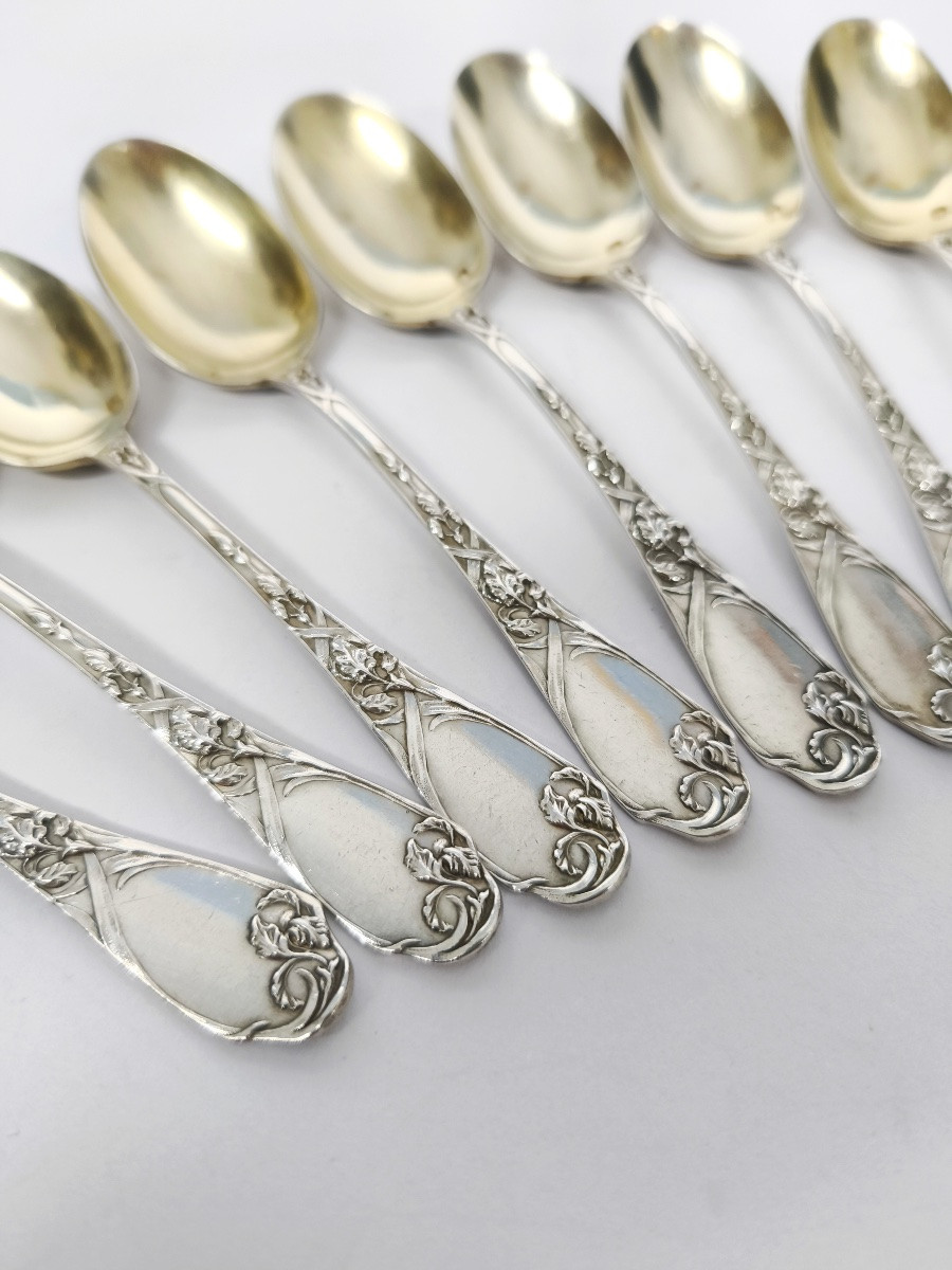 Puiforcat : 12 petites cuill&egrave;res en argent massif, d&eacute;cor Art Nouveau aux iris. C1900-photo-4