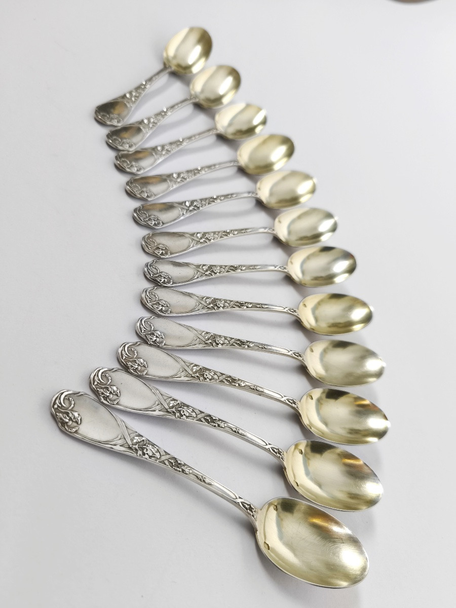 Puiforcat : 12 petites cuill&egrave;res en argent massif, d&eacute;cor Art Nouveau aux iris. C1900-photo-5