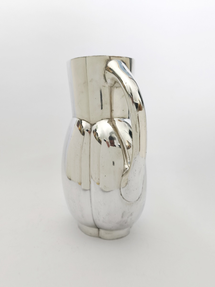 Fjerdingstad pour Gallia / Christofle : pichet / carafe &laquo;&nbsp;Melon&nbsp;&raquo; m&eacute;tal argent&eacute;. Art D&eacute;co c1930-photo-3