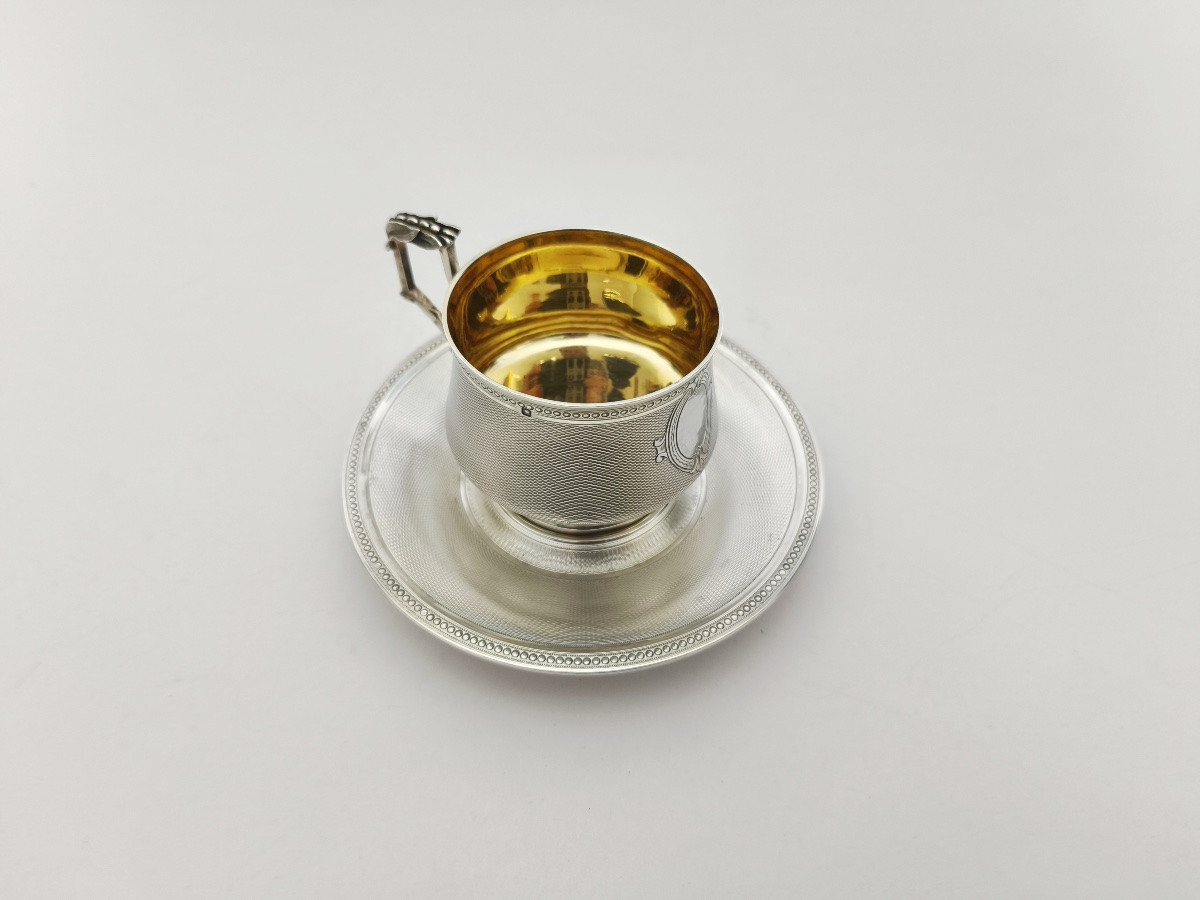 Cooper: Cup And Saucer In Guilloché And Vermeil Solid Silver. 19th Century, Napoleon III-photo-2