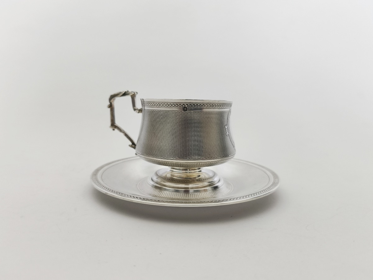 Cooper: Cup And Saucer In Guilloché And Vermeil Solid Silver. 19th Century, Napoleon III-photo-3