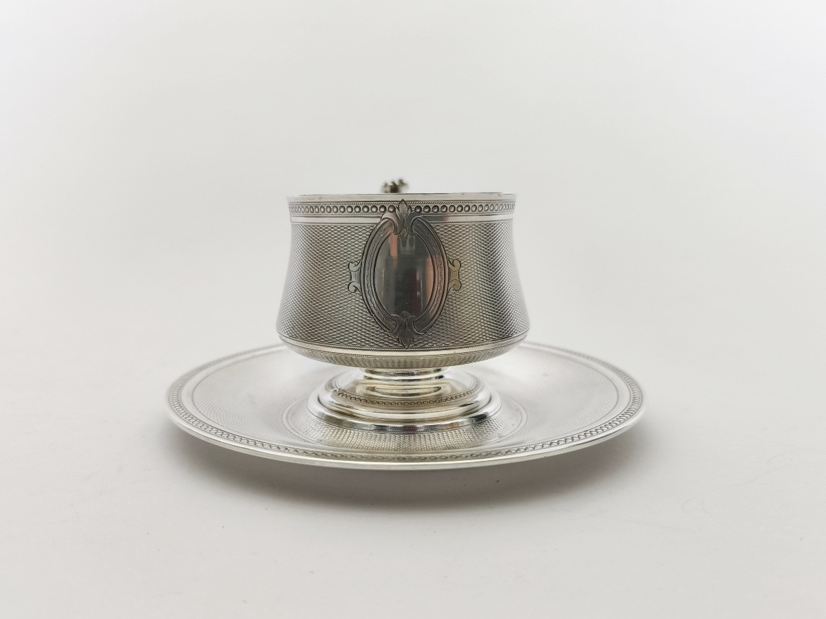 Cooper: Cup And Saucer In Guilloché And Vermeil Solid Silver. 19th Century, Napoleon III-photo-4