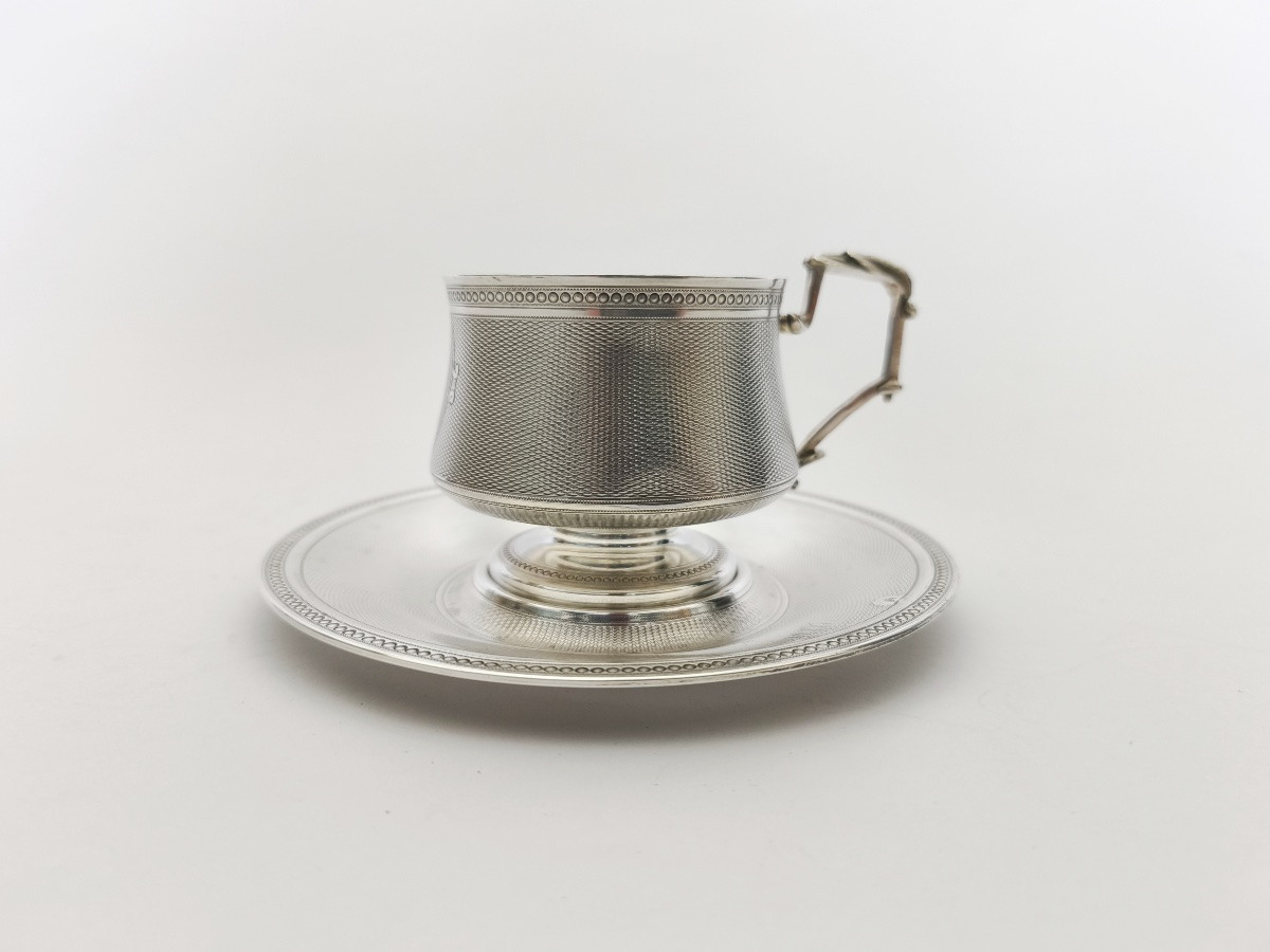 Cooper: Cup And Saucer In Guilloché And Vermeil Solid Silver. 19th Century, Napoleon III-photo-1