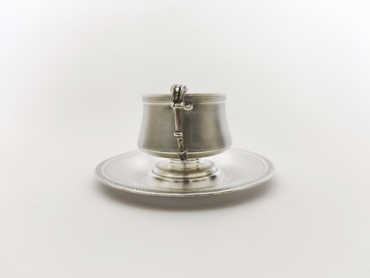 Cooper: Cup And Saucer In Guilloché And Vermeil Solid Silver. 19th Century, Napoleon III-photo-2