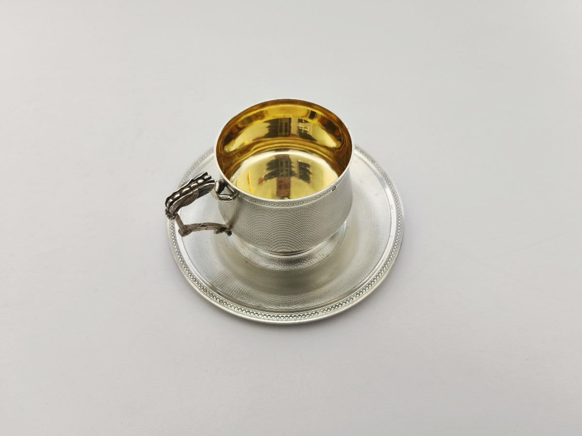Cooper: Cup And Saucer In Guilloché And Vermeil Solid Silver. 19th Century, Napoleon III-photo-3