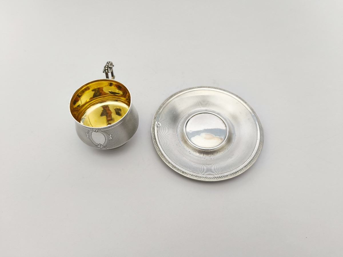 Cooper: Cup And Saucer In Guilloché And Vermeil Solid Silver. 19th Century, Napoleon III-photo-4