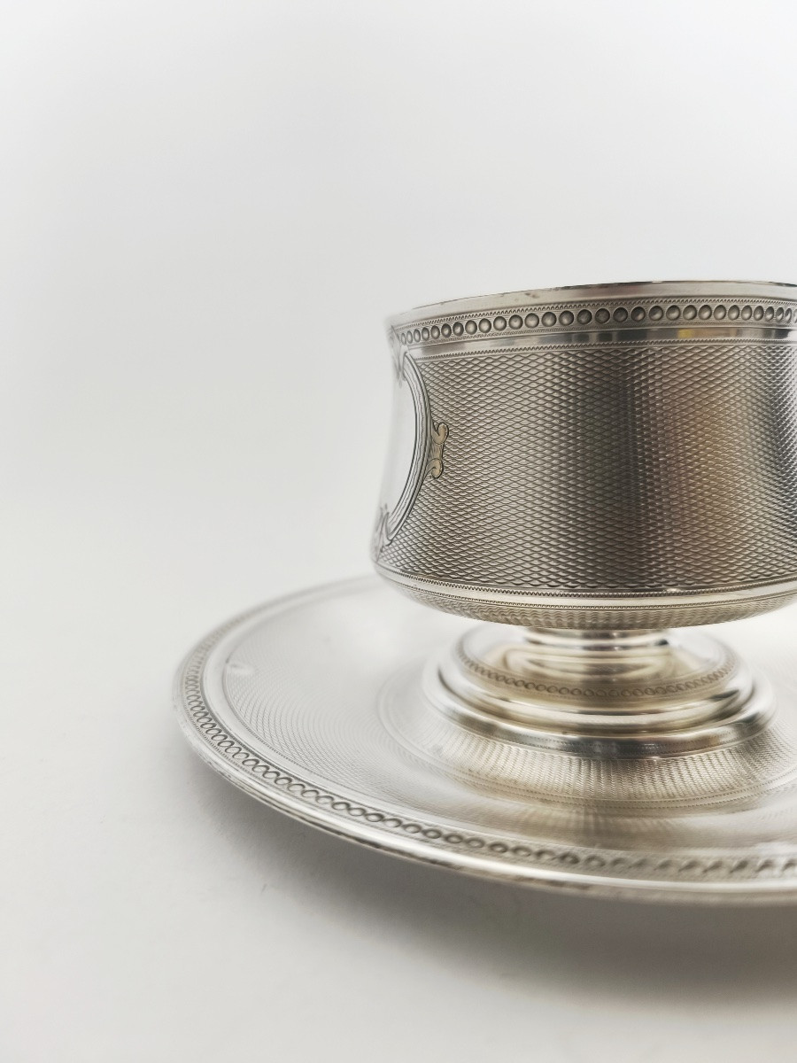 Cooper: Cup And Saucer In Guilloché And Vermeil Solid Silver. 19th Century, Napoleon III-photo-7