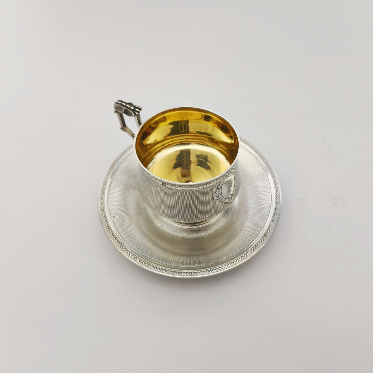 Cooper: Cup And Saucer In Guilloché And Vermeil Solid Silver. 19th Century, Napoleon III-photo-8