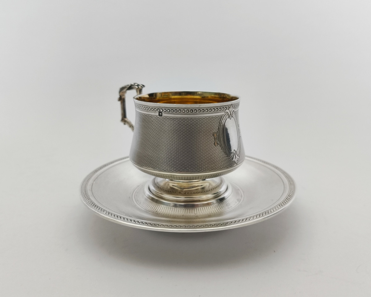 Cooper: Cup And Saucer In Guilloché And Vermeil Solid Silver. 19th Century, Napoleon III