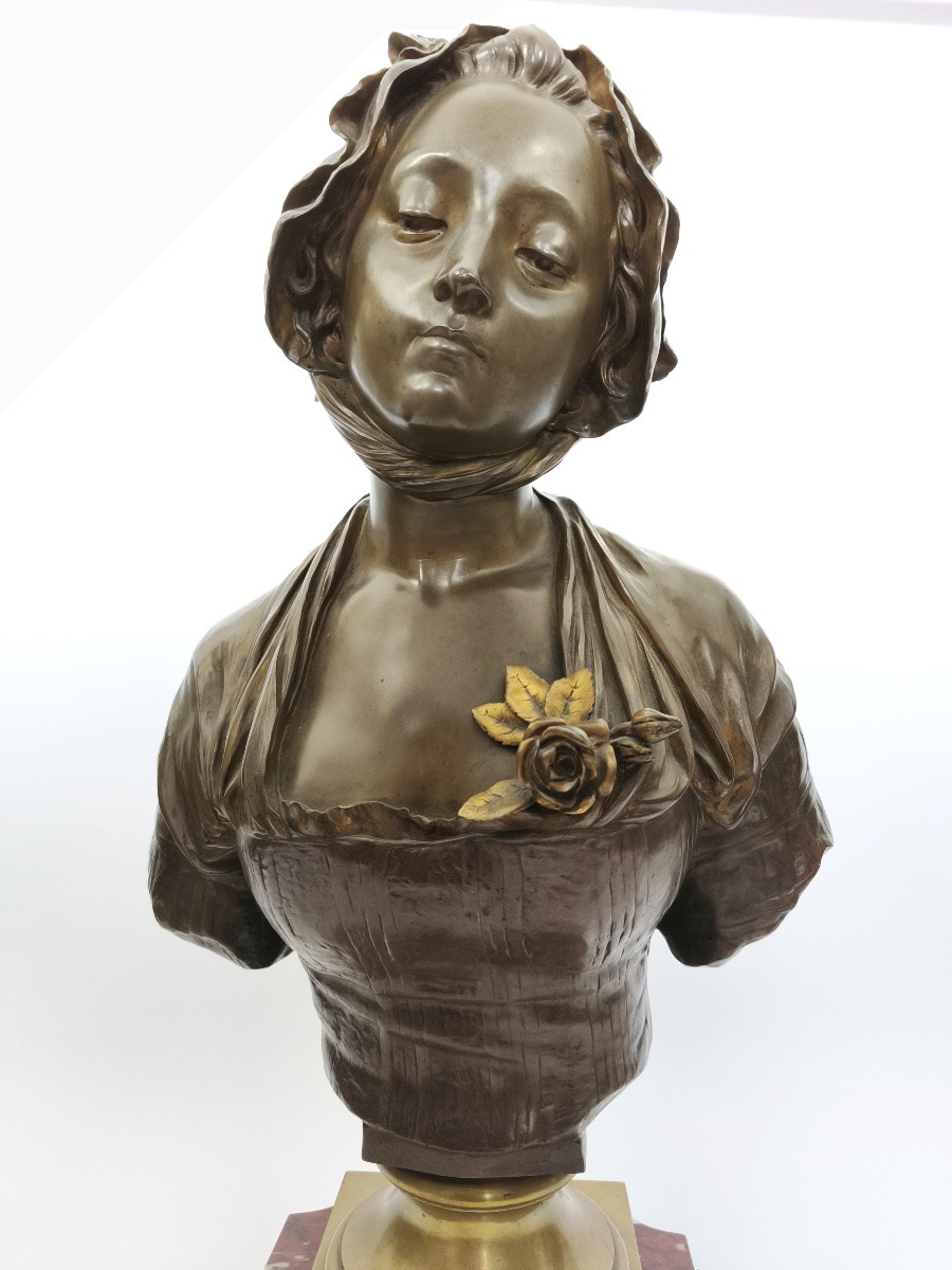 E. Laurent & Susse : buste en bronze, d’ap. Greuze &socle marbre griotte bronze doré. Fin XIXe-photo-4