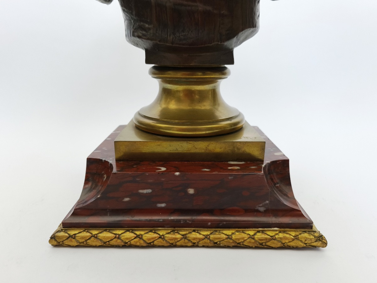 E. Laurent & Susse : buste en bronze, d’ap. Greuze &socle marbre griotte bronze doré. Fin XIXe-photo-1