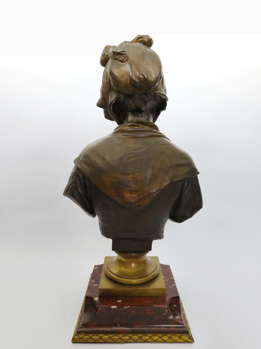 E. Laurent & Susse : buste en bronze, d’ap. Greuze &socle marbre griotte bronze doré. Fin XIXe-photo-2