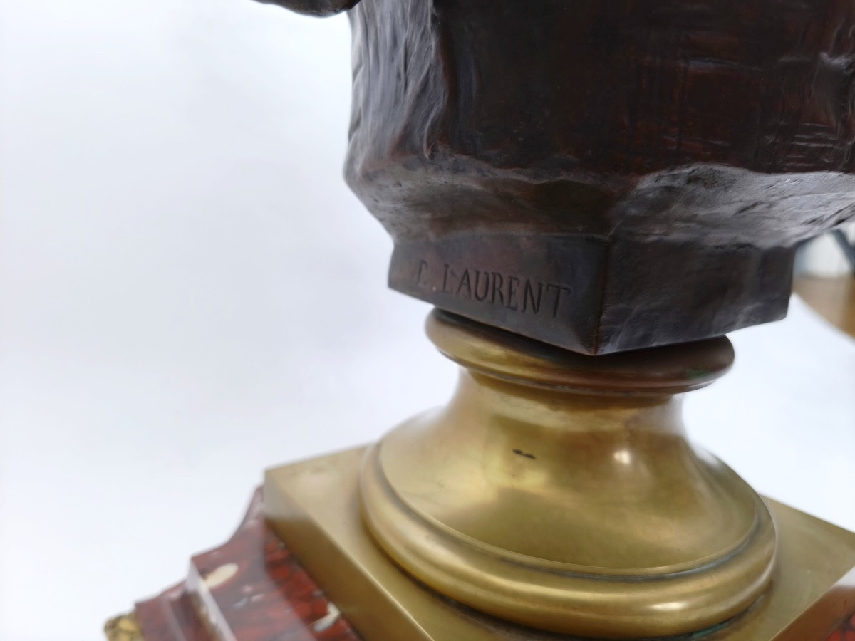 E. Laurent & Susse : buste en bronze, d’ap. Greuze &socle marbre griotte bronze doré. Fin XIXe-photo-3
