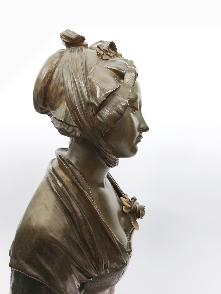 E. Laurent & Susse : buste en bronze, d’ap. Greuze &socle marbre griotte bronze doré. Fin XIXe-photo-5