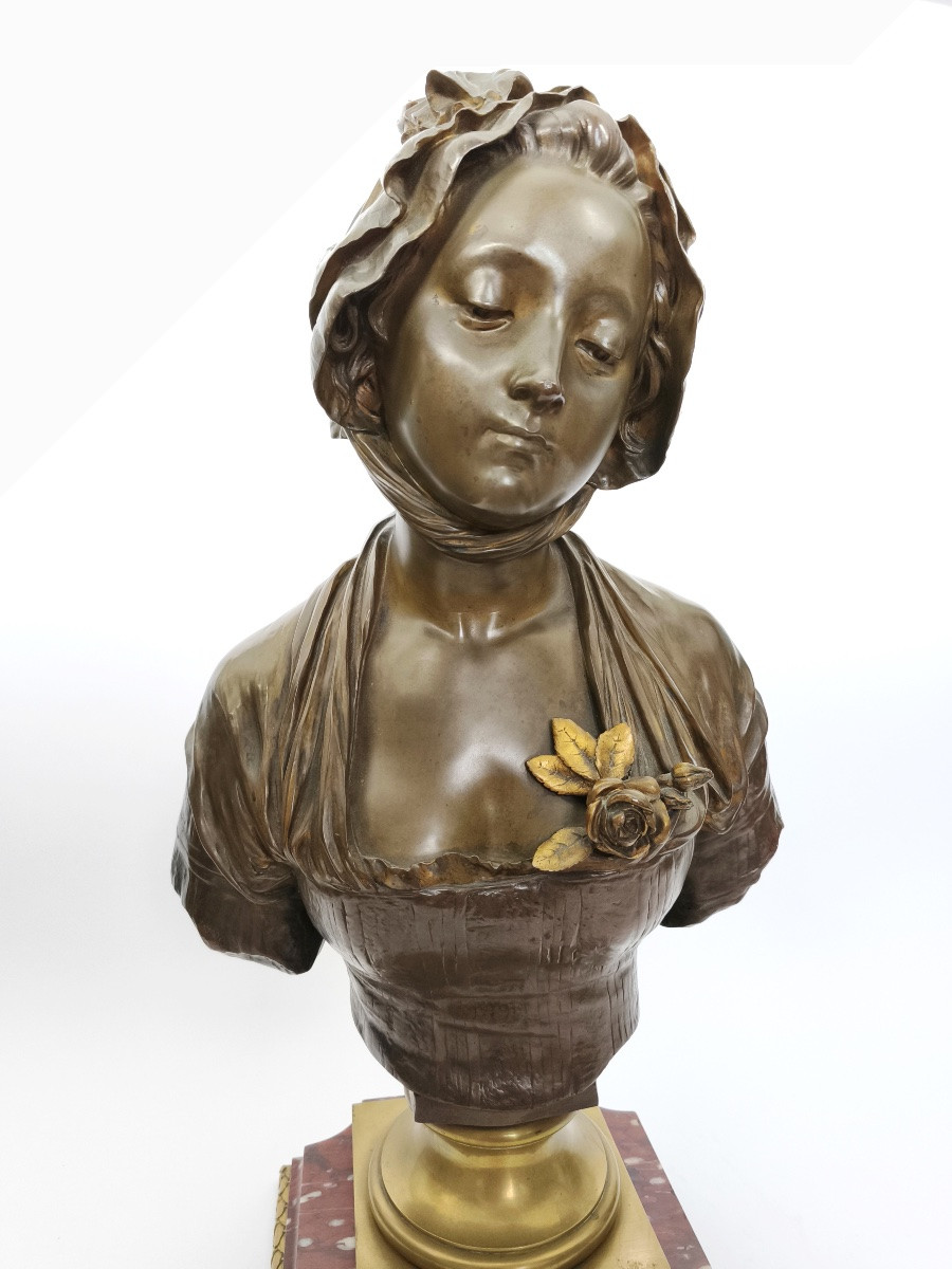 E. Laurent & Susse : buste en bronze, d’ap. Greuze &socle marbre griotte bronze doré. Fin XIXe-photo-7