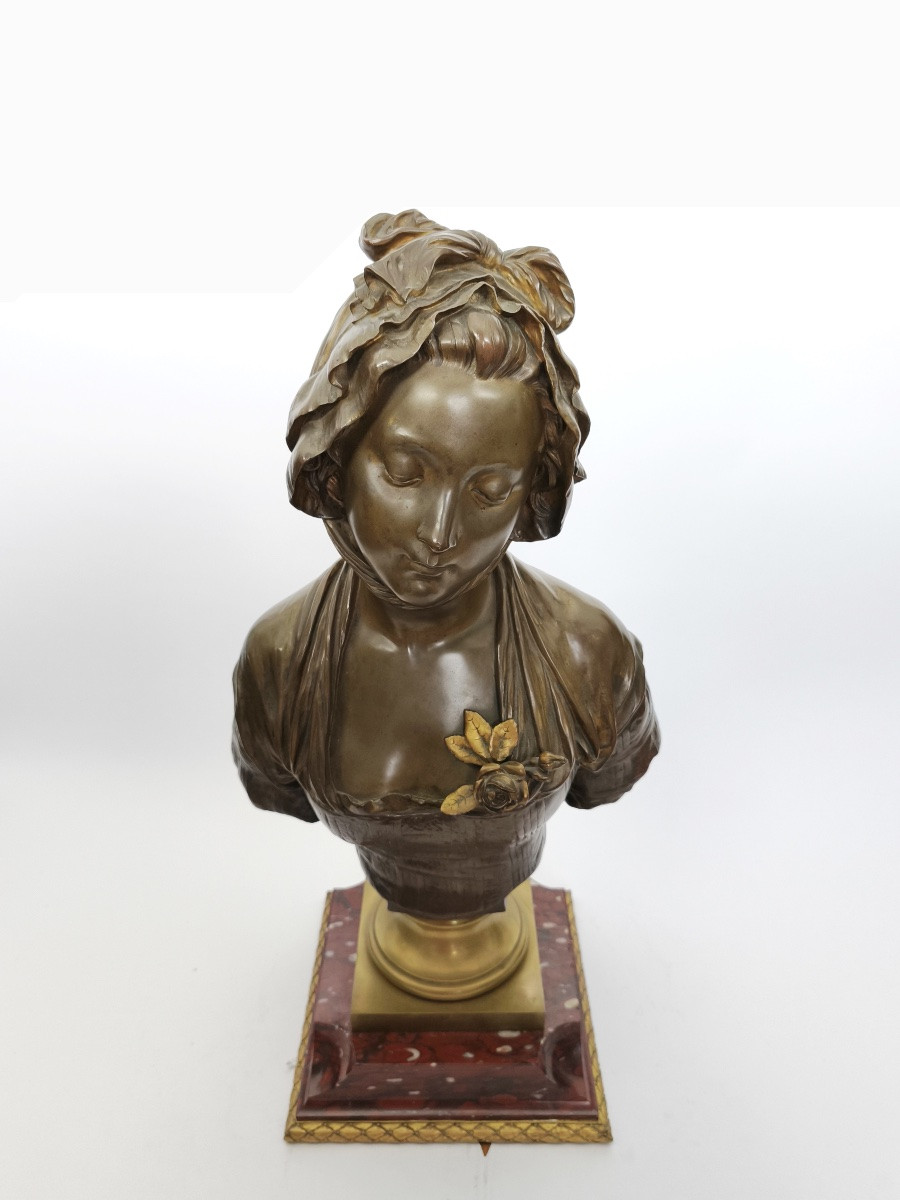 E. Laurent & Susse : buste en bronze, d’ap. Greuze &socle marbre griotte bronze doré. Fin XIXe-photo-8