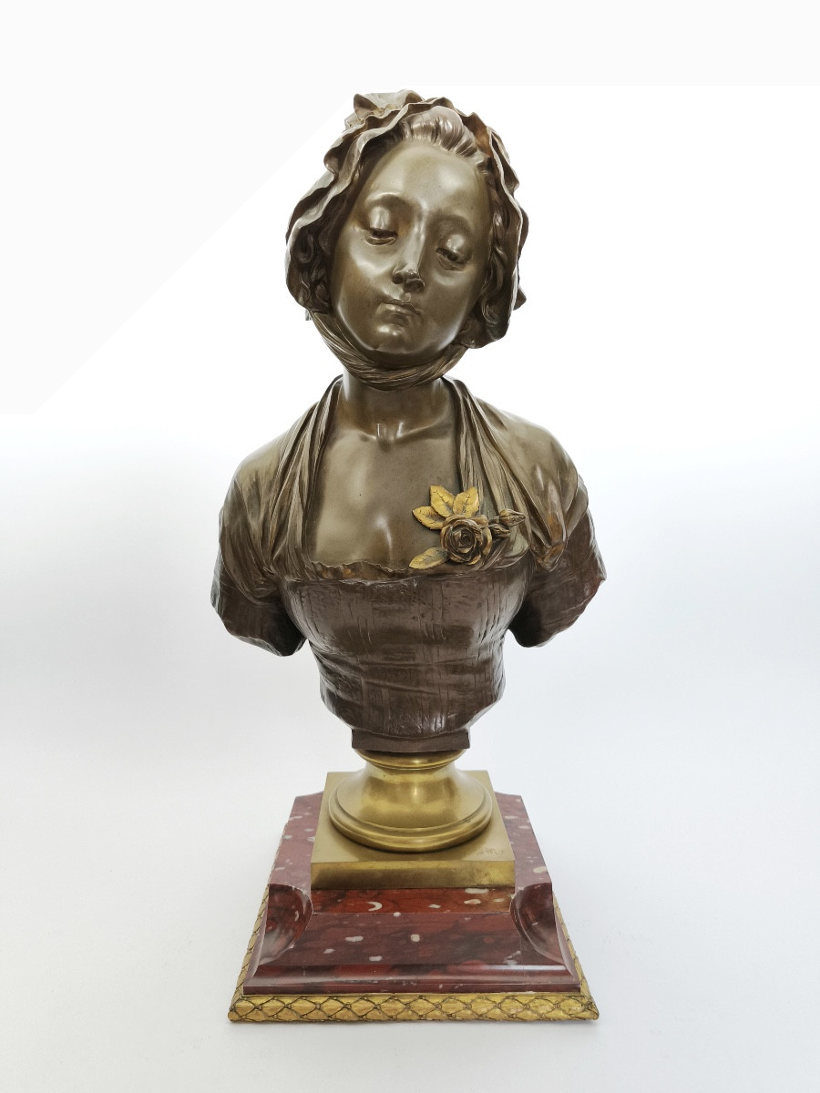 E. Laurent & Susse : buste en bronze, d’ap. Greuze &socle marbre griotte bronze doré. Fin XIXe