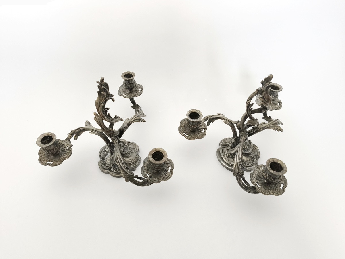 Saglier : paire de candélabres rocaille st. Louis XV mouvementé. XIXe siècle. Flambeau bougeoir-photo-2