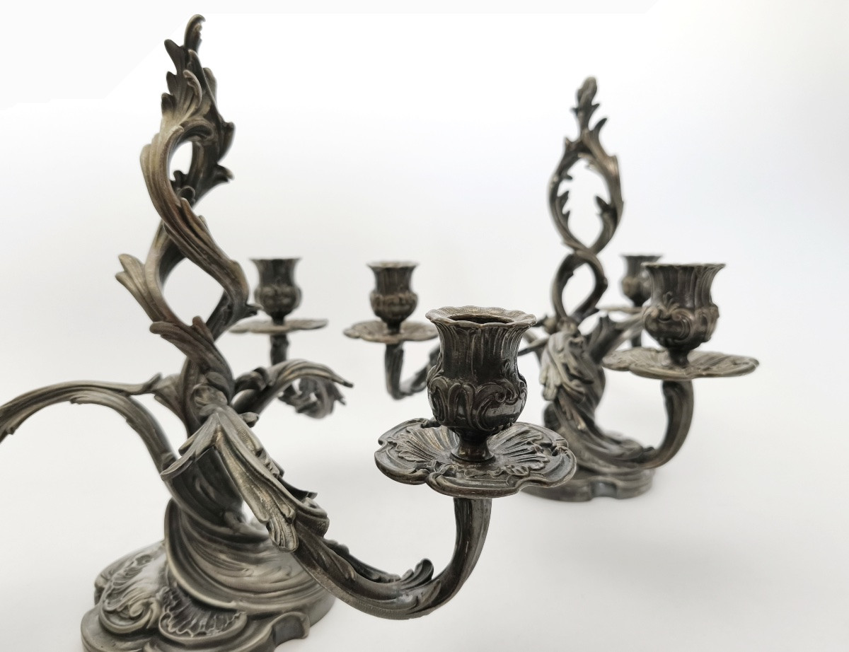 Saglier : paire de candélabres rocaille st. Louis XV mouvementé. XIXe siècle. Flambeau bougeoir-photo-6
