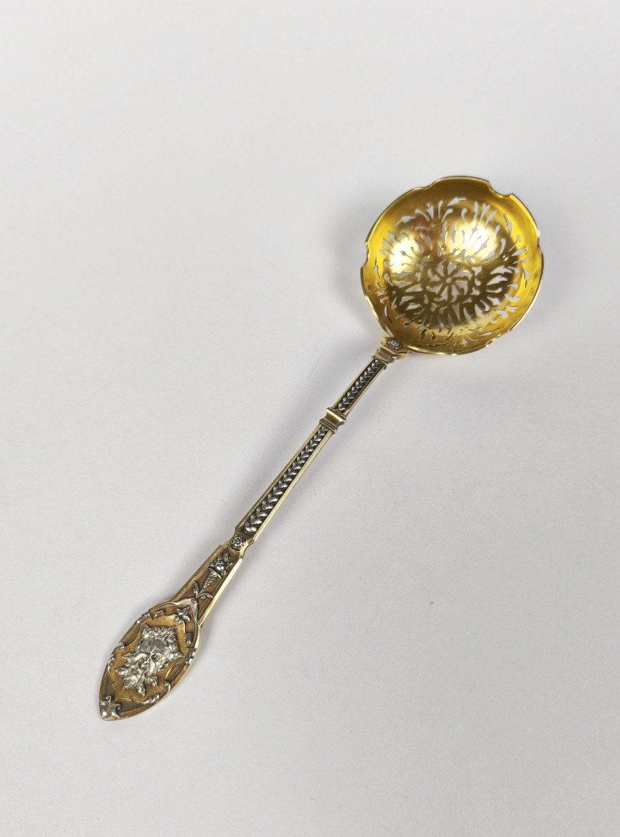 Soufflot (?): Sugar Shaker Spoon: Solid Silver & Vermeil, Mascaron Decoration. 19th Century-photo-2
