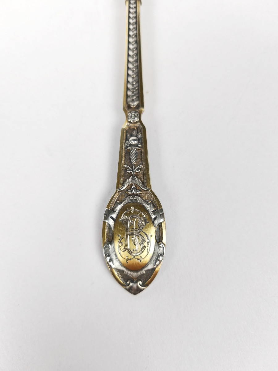 Soufflot (?): Sugar Shaker Spoon: Solid Silver & Vermeil, Mascaron Decoration. 19th Century-photo-4
