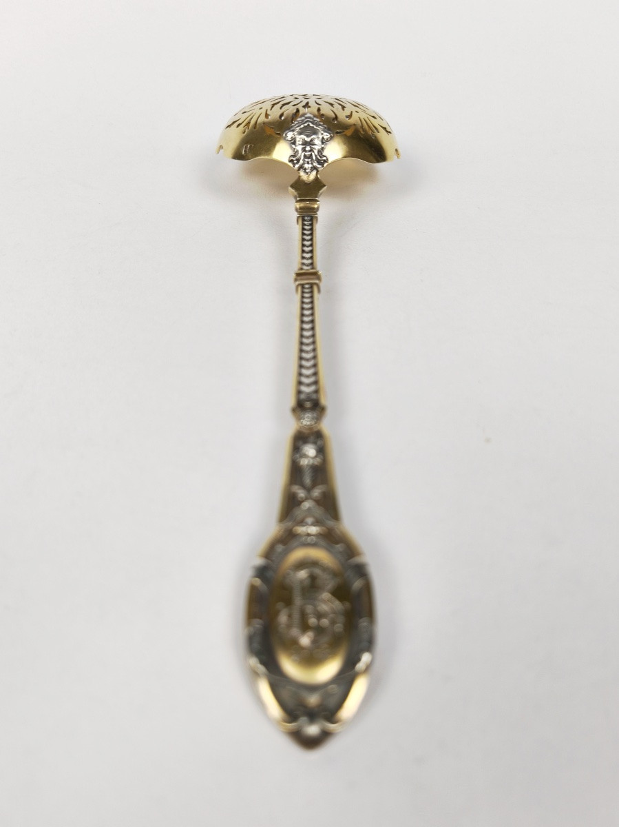 Soufflot (?): Sugar Shaker Spoon: Solid Silver & Vermeil, Mascaron Decoration. 19th Century-photo-6