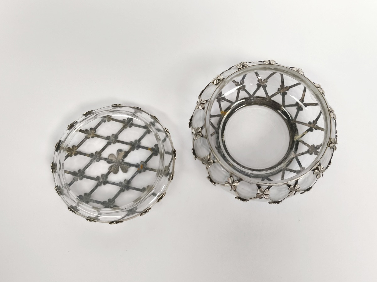 Grande boite bonbonni&egrave;re en verre givr&eacute; et argent massif Art Nouveau / art D&eacute;co. D&eacute;but XXe-photo-1