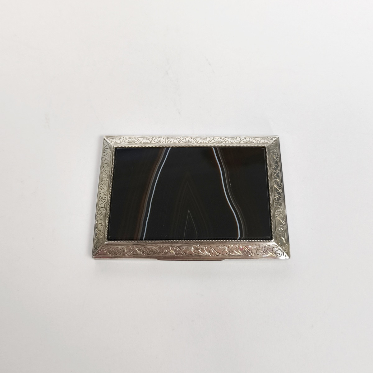 Large Guilloché Sterling Silver, Vermeil & Banded Agate Cigarette Or Business Card Case-photo-2