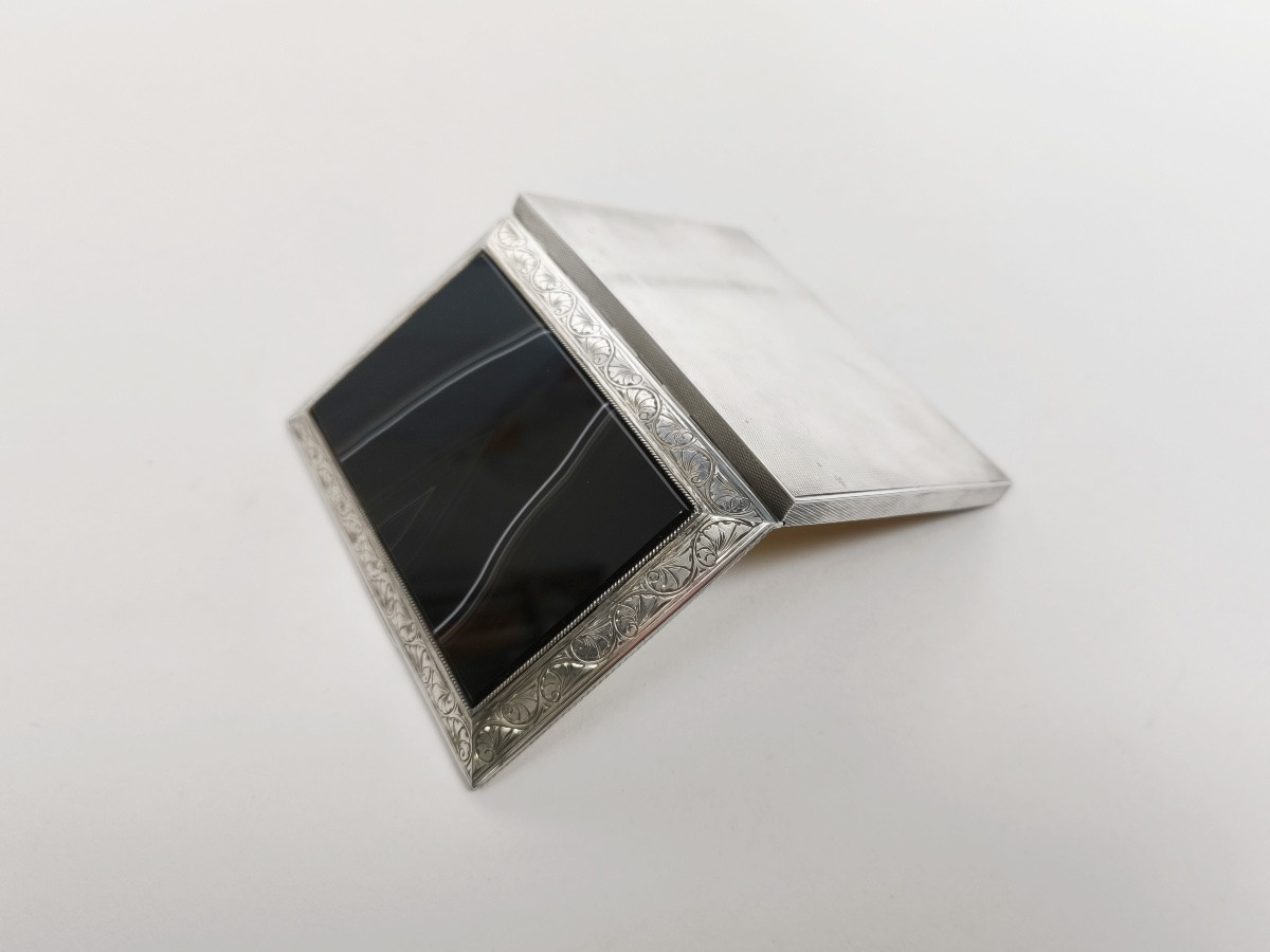 Large Guilloché Sterling Silver, Vermeil & Banded Agate Cigarette Or Business Card Case-photo-4