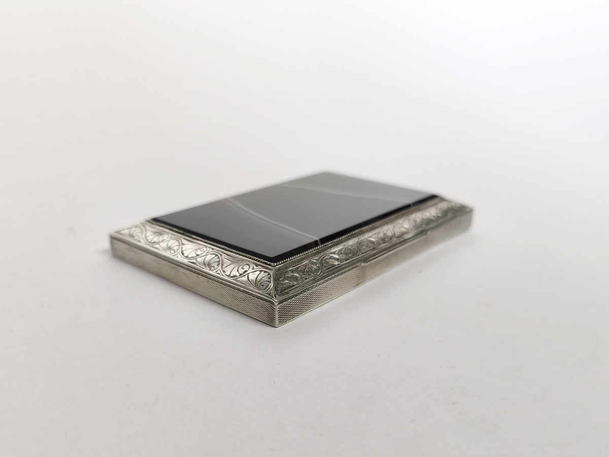 Large Guilloché Sterling Silver, Vermeil & Banded Agate Cigarette Or Business Card Case-photo-2