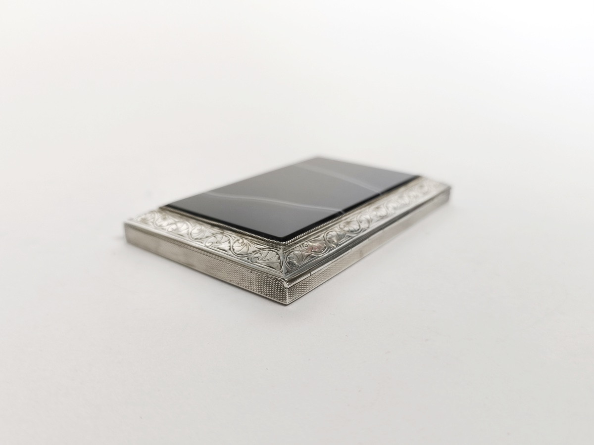 Large Guilloché Sterling Silver, Vermeil & Banded Agate Cigarette Or Business Card Case-photo-3
