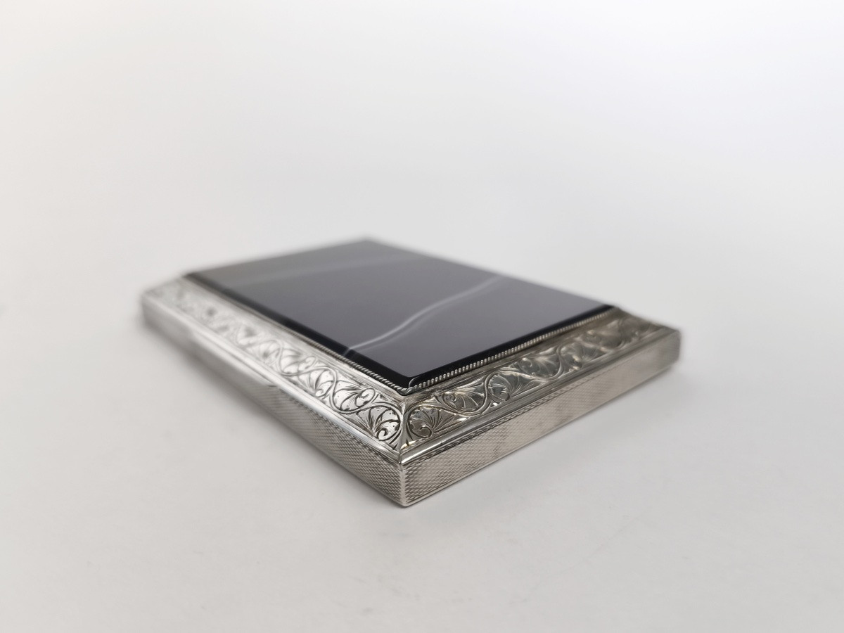 Large Guilloché Sterling Silver, Vermeil & Banded Agate Cigarette Or Business Card Case-photo-4