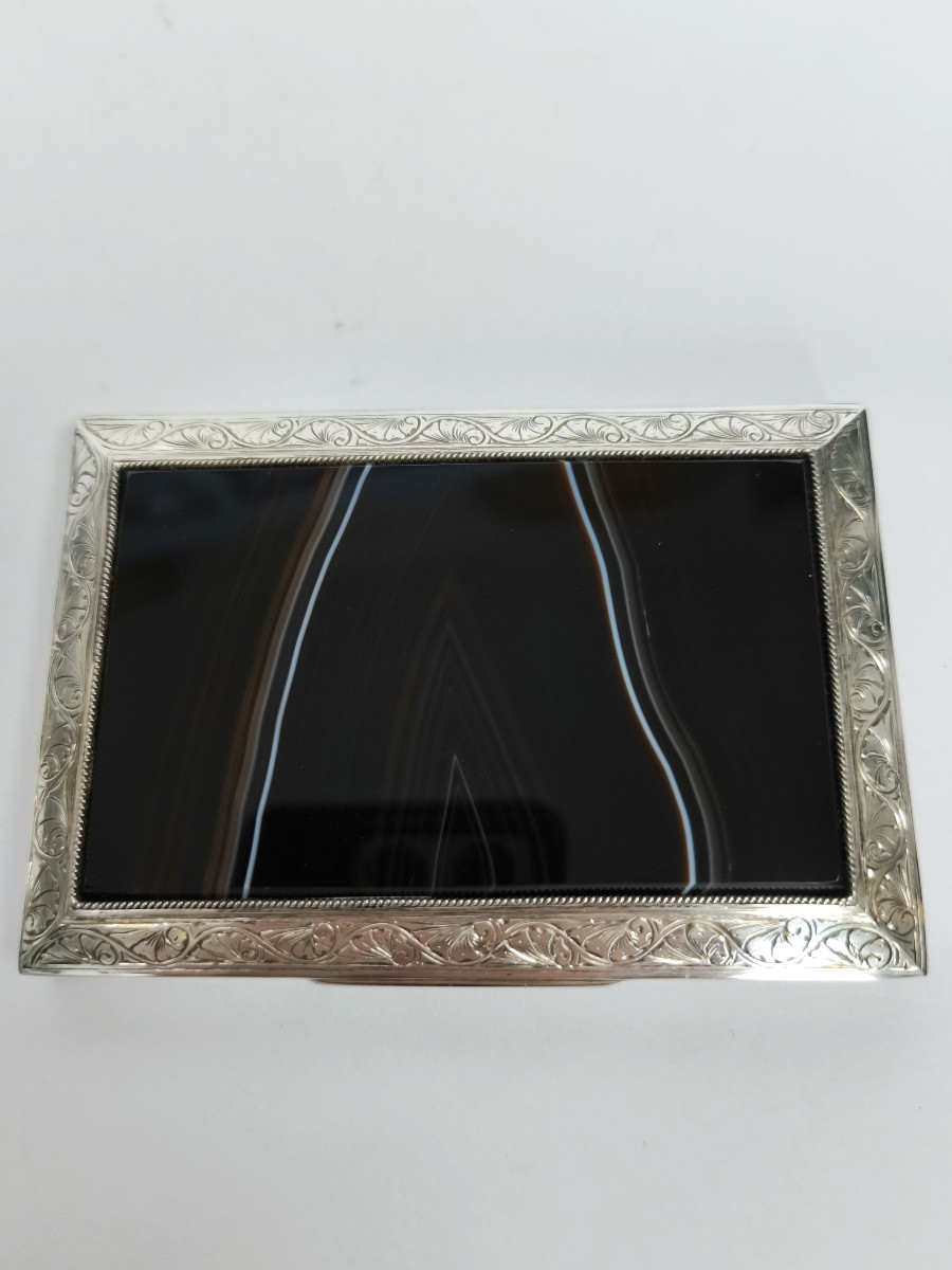 Large Guilloché Sterling Silver, Vermeil & Banded Agate Cigarette Or Business Card Case-photo-5