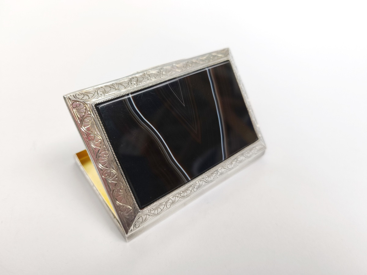 Large Guilloché Sterling Silver, Vermeil & Banded Agate Cigarette Or Business Card Case-photo-6