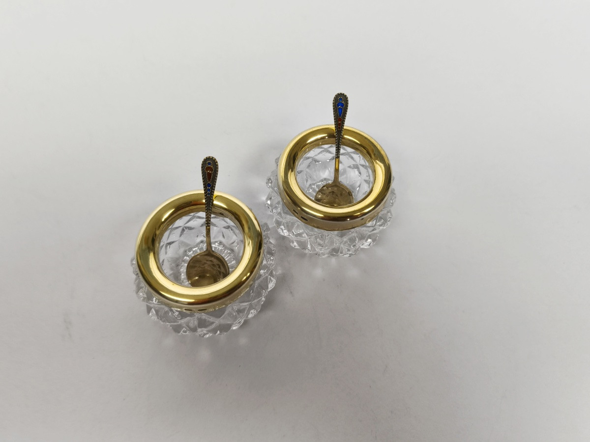 Salerons communistes en argent massif / vermeil et verre, cuillère émaillée. Russie XXe siècle-photo-2