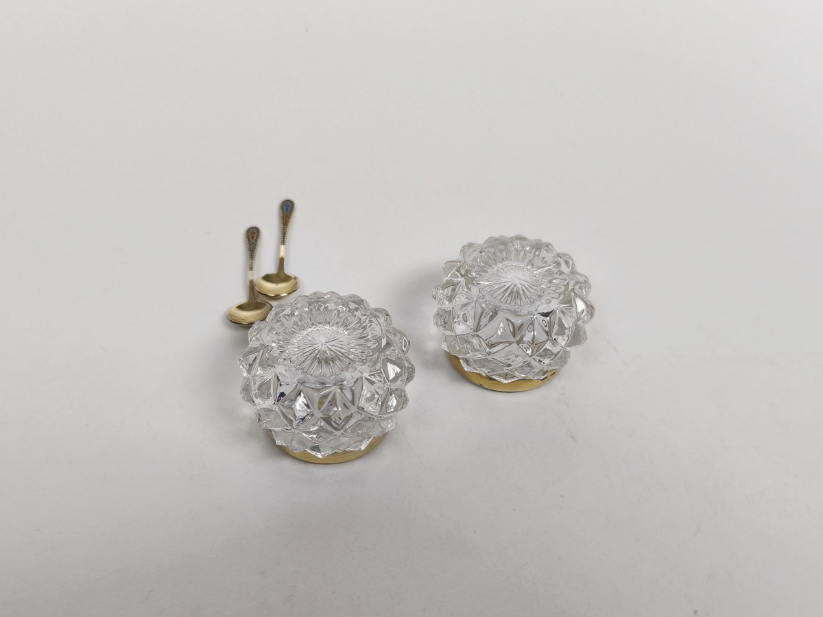 Salerons communistes en argent massif / vermeil et verre, cuillère émaillée. Russie XXe siècle-photo-4