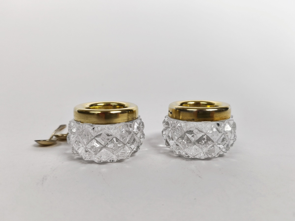 Salerons communistes en argent massif / vermeil et verre, cuillère émaillée. Russie XXe siècle-photo-1