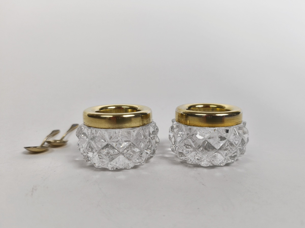 Salerons communistes en argent massif / vermeil et verre, cuillère émaillée. Russie XXe siècle-photo-2