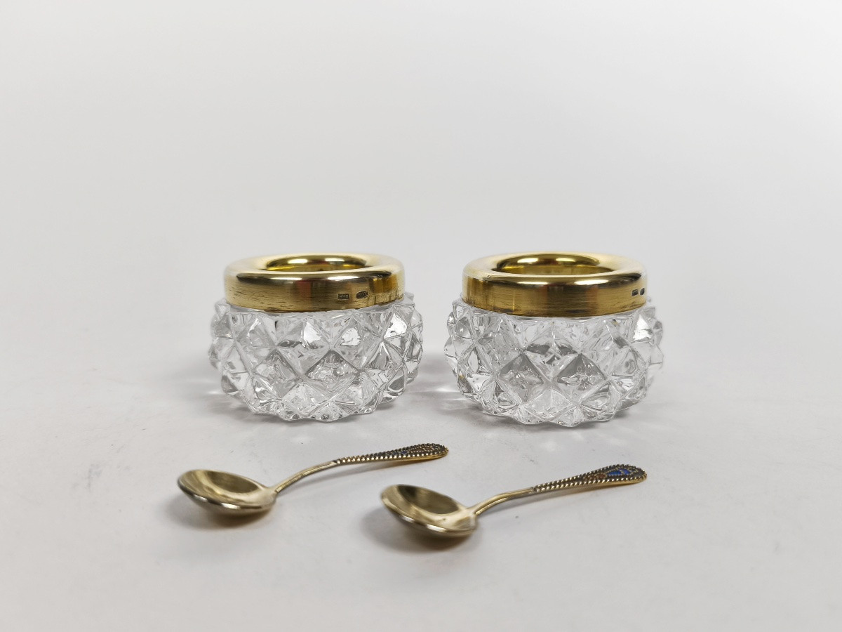 Salerons communistes en argent massif / vermeil et verre, cuillère émaillée. Russie XXe siècle-photo-3