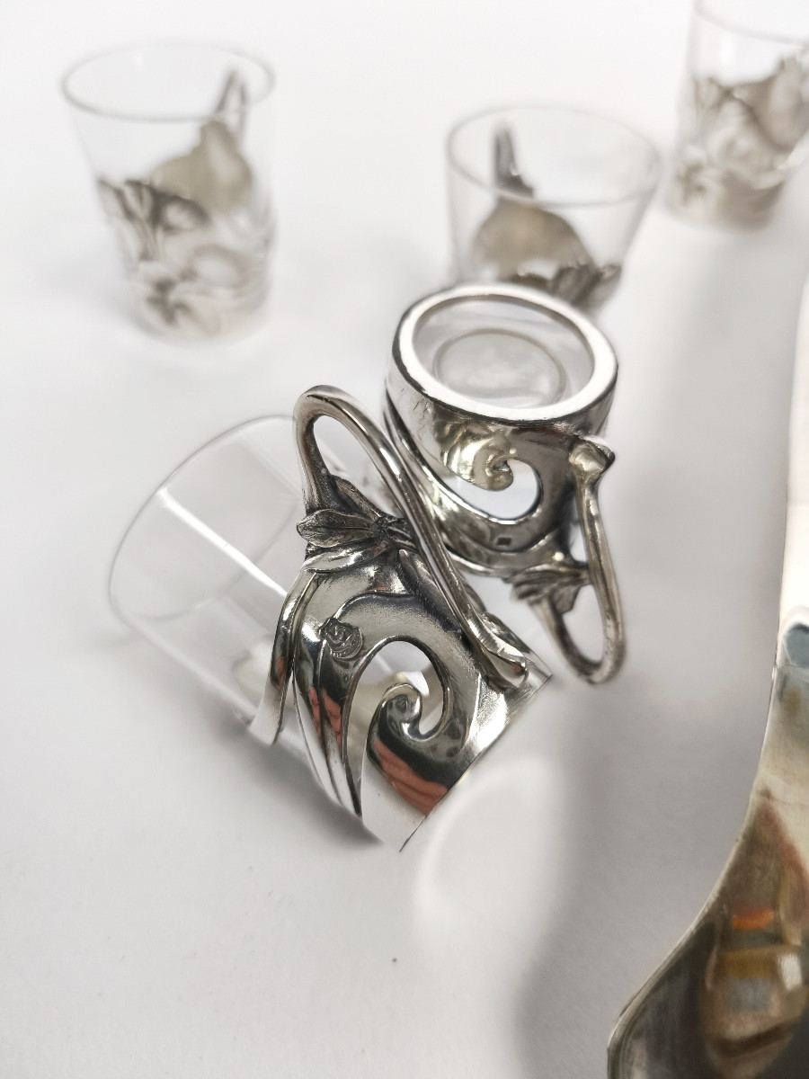 Gallia / Christofle : carafe & service à liqueur argenté. Modèle Ginkgo Epoque Art Nouveau. -photo-4