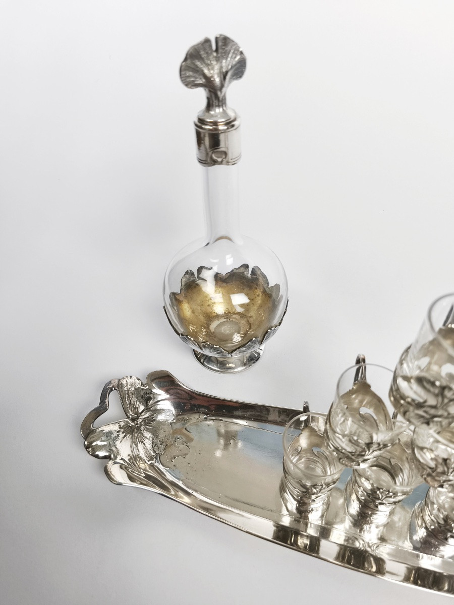 Gallia / Christofle : carafe & service à liqueur argenté. Modèle Ginkgo Epoque Art Nouveau. -photo-5