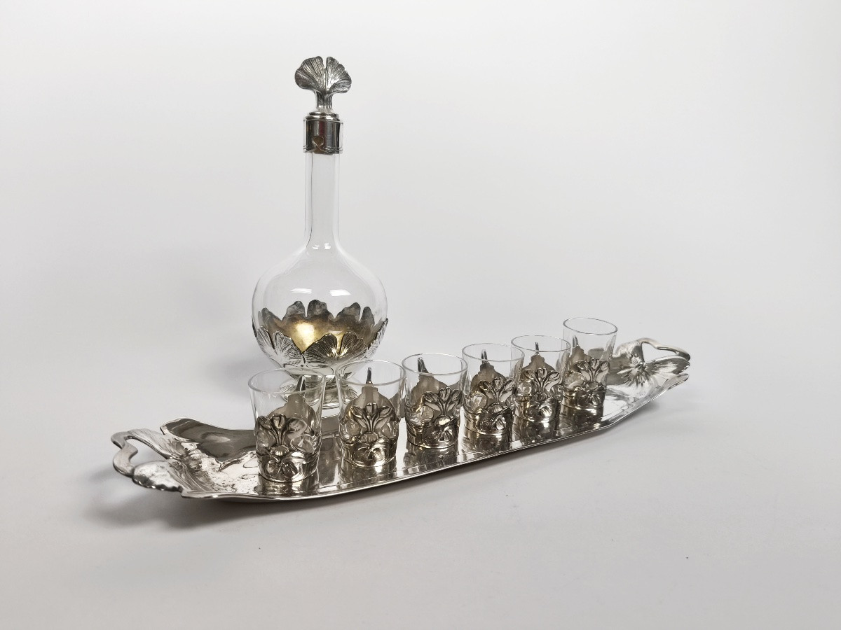 Gallia / Christofle : carafe & service à liqueur argenté. Modèle Ginkgo Epoque Art Nouveau. -photo-6