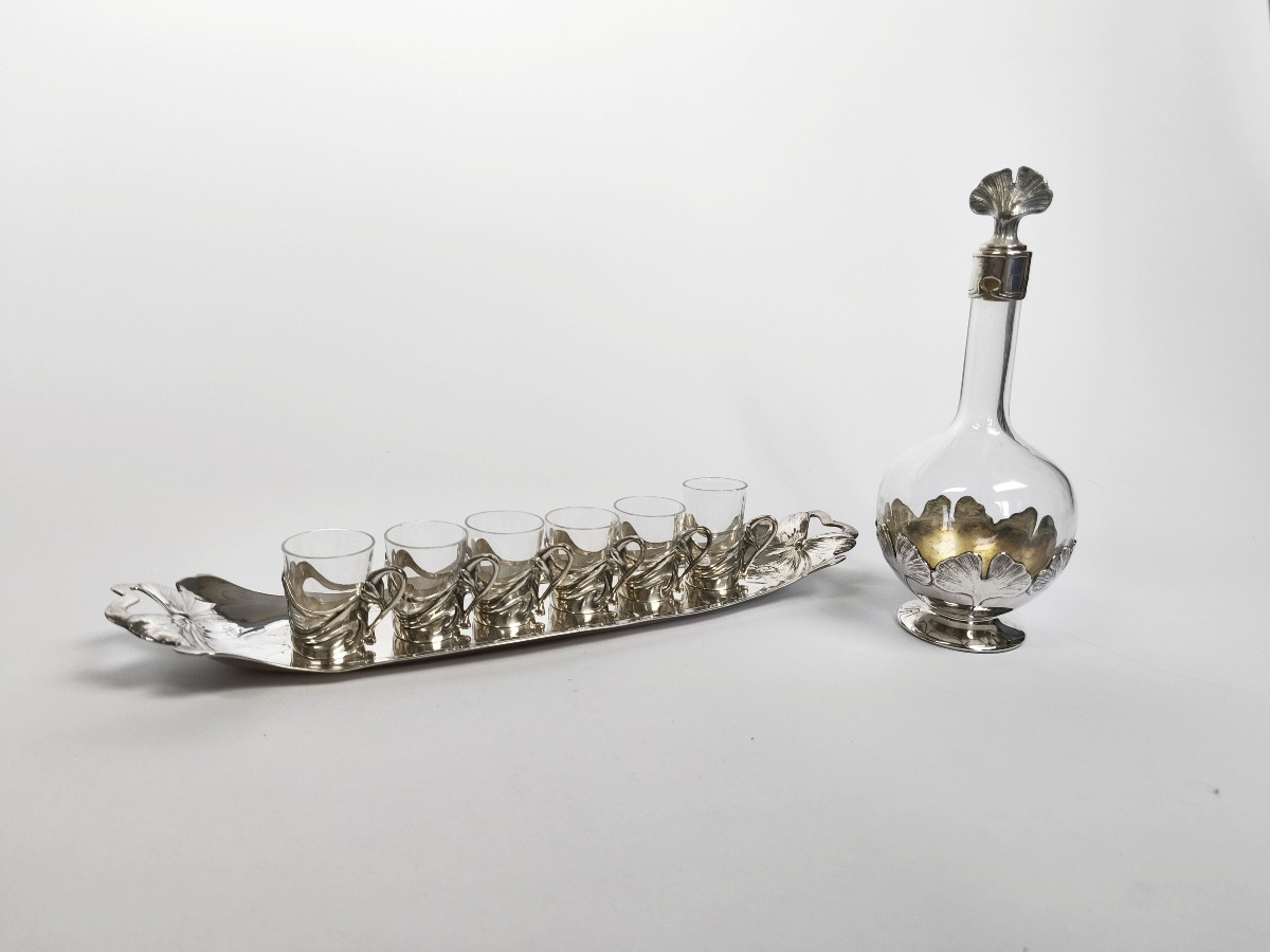 Gallia / Christofle : carafe & service à liqueur argenté. Modèle Ginkgo Epoque Art Nouveau. 