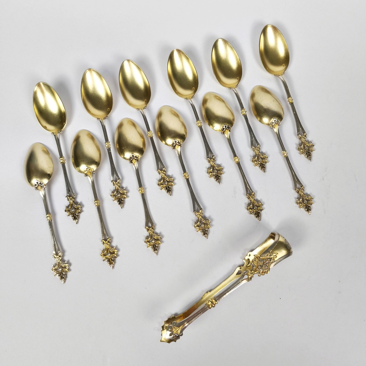 Soufflot : service à thé / café ; cuillères & pince argent massif et vermeil ajouré néogothique-photo-4