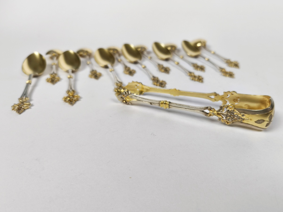 Soufflot : service à thé / café ; cuillères & pince argent massif et vermeil ajouré néogothique-photo-2